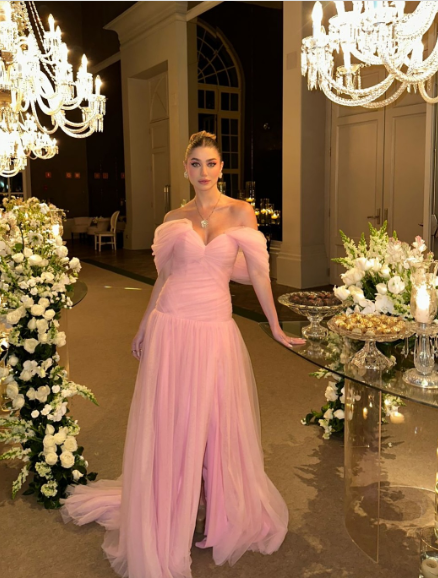 Elegant Pink A-line Trailing Off-shoulder Slit Tulle Long Prom Dress Evening Dress cc4744