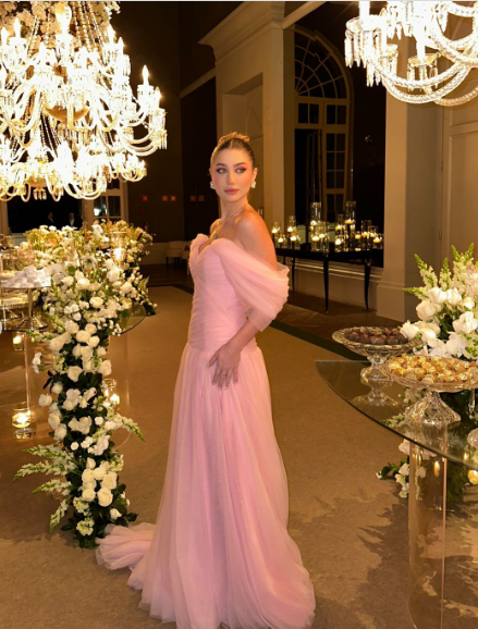 Elegant Pink A-line Trailing Off-shoulder Slit Tulle Long Prom Dress Evening Dress cc4744