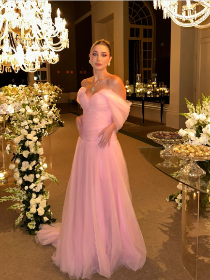 Elegant Pink A-line Trailing Off-shoulder Slit Tulle Long Prom Dress Evening Dress cc4744