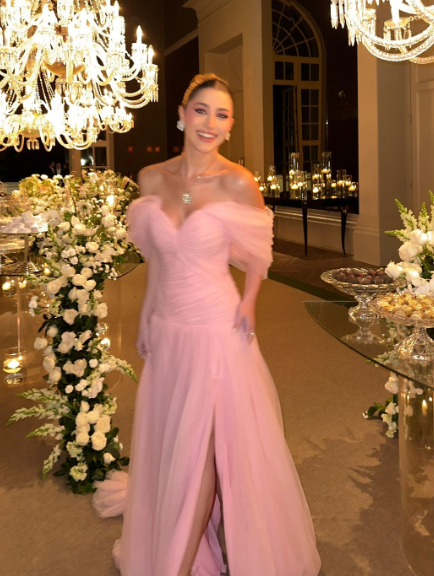 Elegant Pink A-line Trailing Off-shoulder Slit Tulle Long Prom Dress Evening Dress cc4744