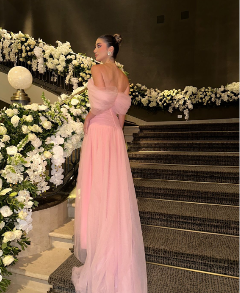 Elegant Pink A-line Trailing Off-shoulder Slit Tulle Long Prom Dress Evening Dress cc4744