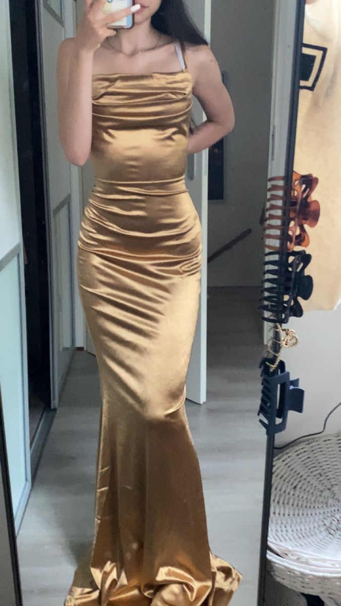 Elegant Gold Mermaid Satin Long Prom Dress Evening Dress Bridesmaid Dresscc5142