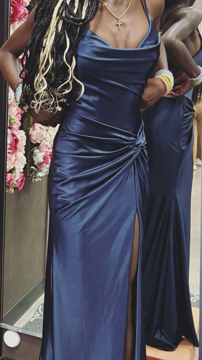 Elegant Navy Blue Twisted Spaghetti Strap Slit Satin Long Prom Dress Evening Dress cc5147