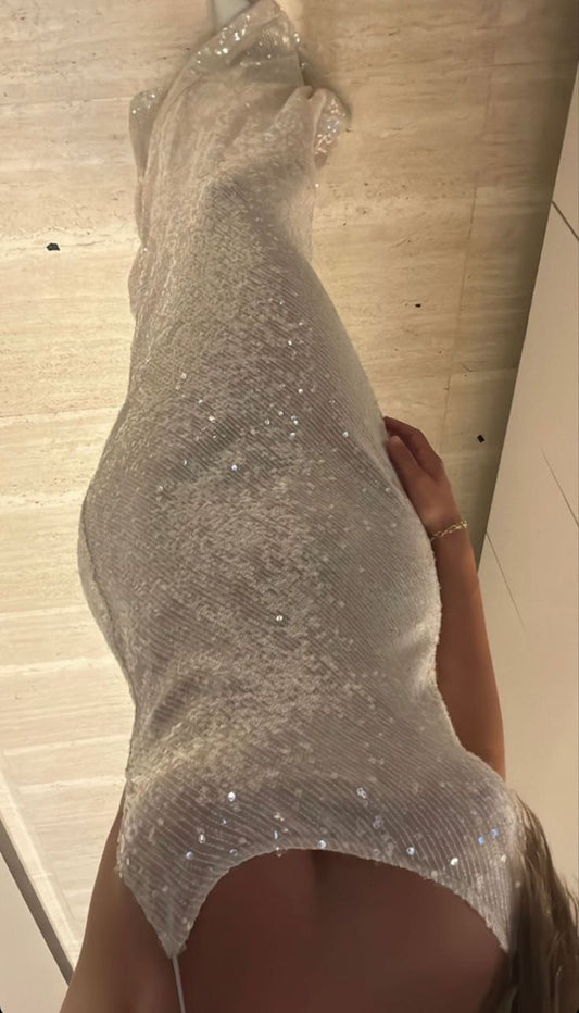 Shining Silver-white Mermaid Thin Strap Sequined Long Prom Dress Evening Dress cc4745