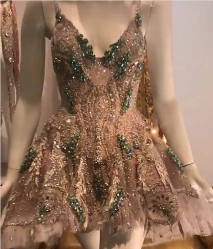 Luxury Champagne Gold Deep V-Neck Strap Diamond Mesh A-Line Birthday Dress Homecoming cc4045