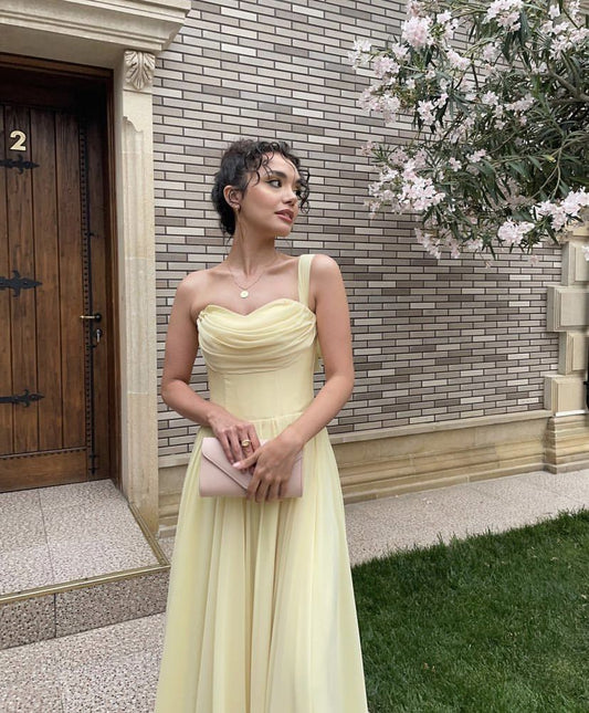 Elegant Pale Yellow A-line One-Shoulder Chiffon Long Prom Dress Evening Dress Bridesmaid Dress cc5150