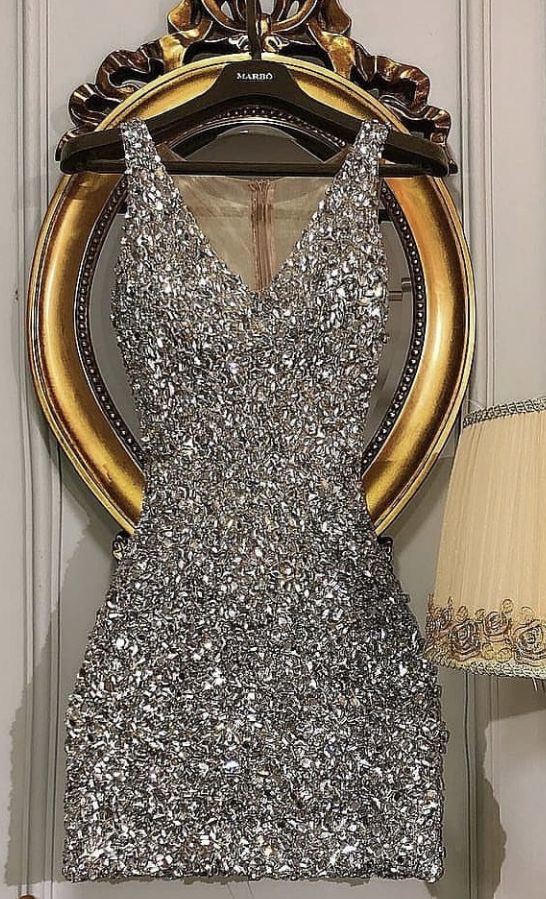 Luxury Sparkling Silver Deep V Neck Sequin Slim Fit Birthday Party Homecoming Dress cc4451