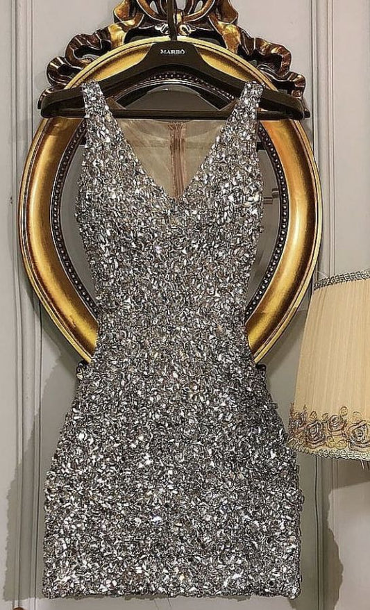 Luxury Sparkling Silver Deep V Neck Sequin Slim Fit Birthday Party Homecoming Dress cc4451
