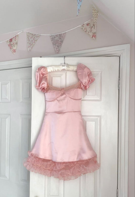 Sweet Pink Bubble Short Sleeve Satin Patchwork Tulle 16th Birthday Homecoming Dress cc4453