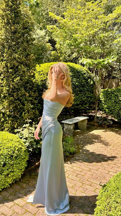 Simple Blue A-line Strapless Satin Long Prom Dress Evening Dress Bridesmaid Dress cc5154