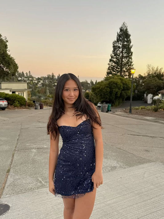 Sweet Navy Blue Sequined Slim Fit Birthday Party Homecoming Dress cc4455