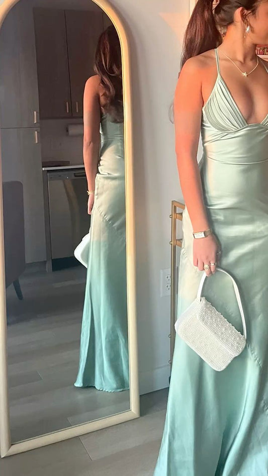 Elegant Mint Light Green Mermaid Halter Neck Deep V-Neck Satin Long Prom Dress Evening Dress Bridesmaid Dress cc5155