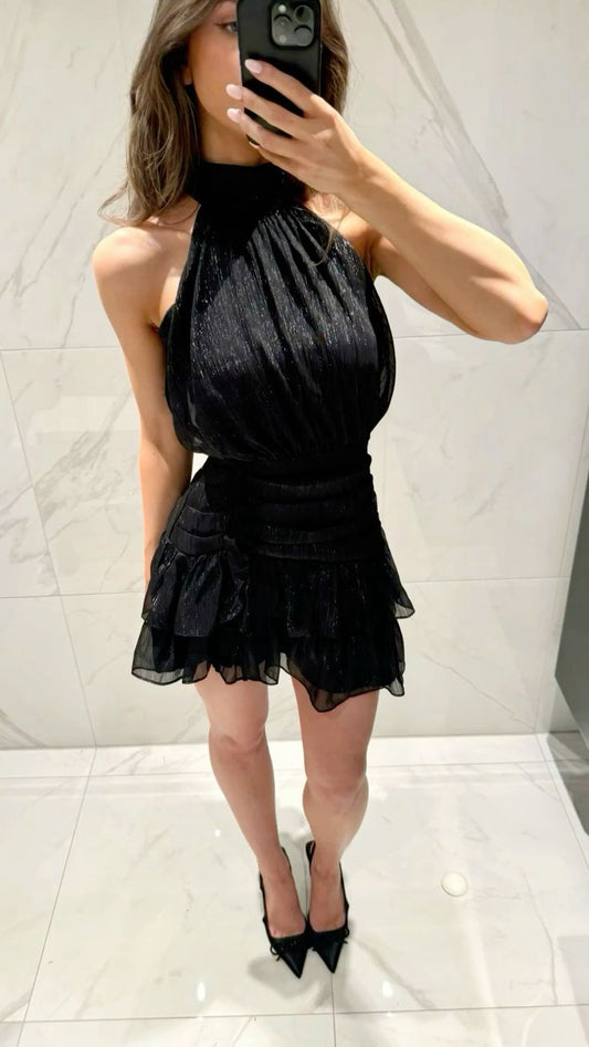 Elegant Black High Collar Halter Neck Waist Ruffled Birthday Party Homecoming Dress cc4457