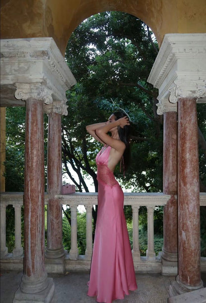 Sexy And Elegant Rose Pink Fitted Halter Neck Backless Lace Satin Long Prom Dress Evening Dress cc5157