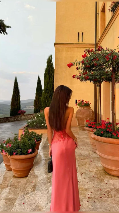 Sexy And Elegant Rose Pink Fitted Halter Neck Backless Lace Satin Long Prom Dress Evening Dress cc5157