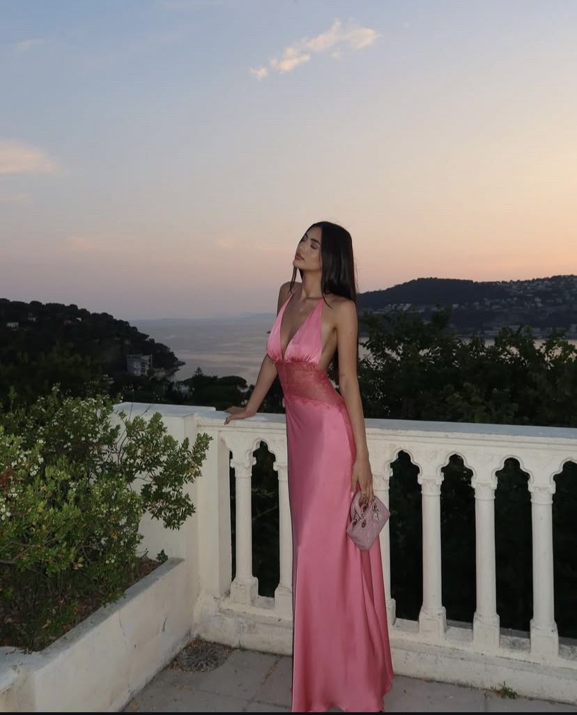 Sexy And Elegant Rose Pink Fitted Halter Neck Backless Lace Satin Long Prom Dress Evening Dress cc5157