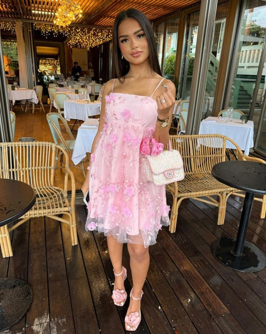 Sweet Pink Strapless 3D Flower Embroidery Birthday Short Skirt Homecoming Dress cc4046