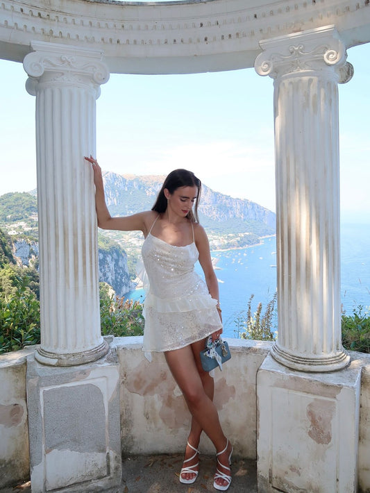 Fresh And Shining White Sequins Slim Irregular Ruffle 17th Birthday Homecoming Dress cc4461