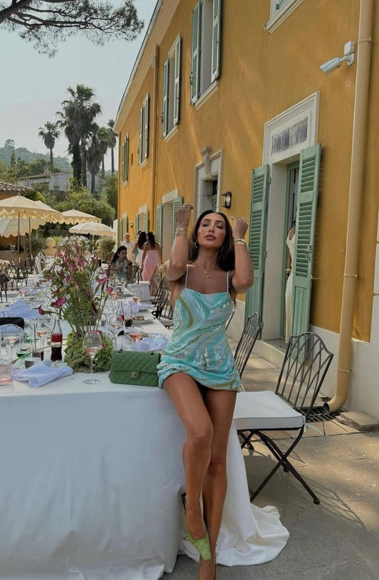 Sparkling Teal Ripple Sequin Slim Fit Birthday Party Homecoming Dress cc4462