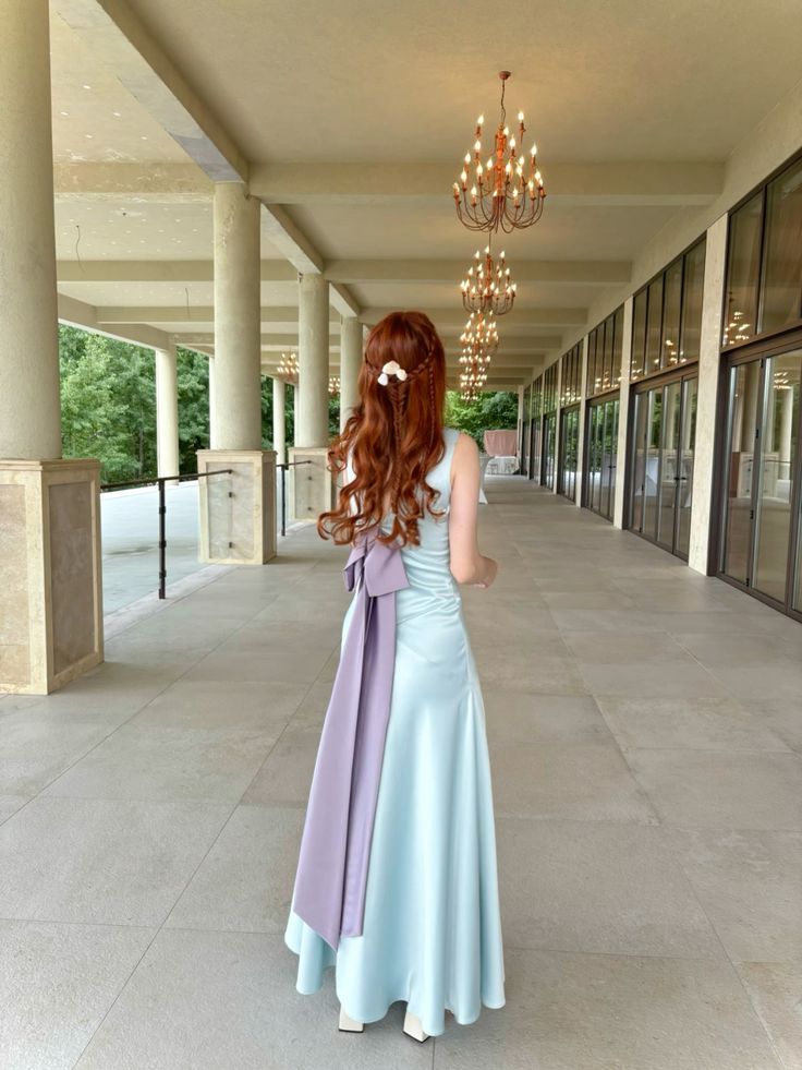 Sweet Light Blue A-line V-Neck Bow Satin Long Prom Dress Evening Dress cc5163