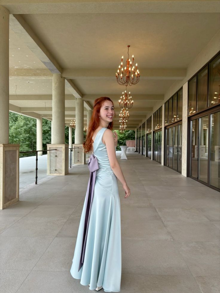 Sweet Light Blue A-line V-Neck Bow Satin Long Prom Dress Evening Dress cc5163