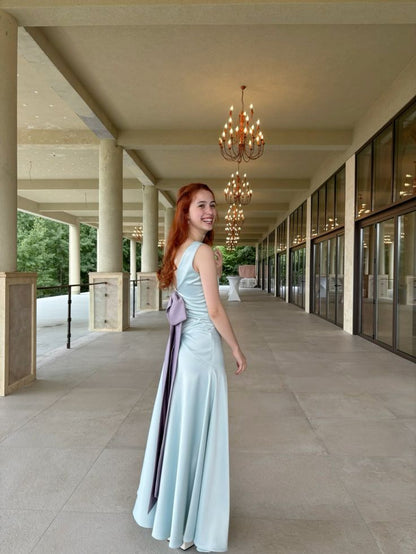 Sweet Light Blue A-line V-Neck Bow Satin Long Prom Dress Evening Dress cc5163