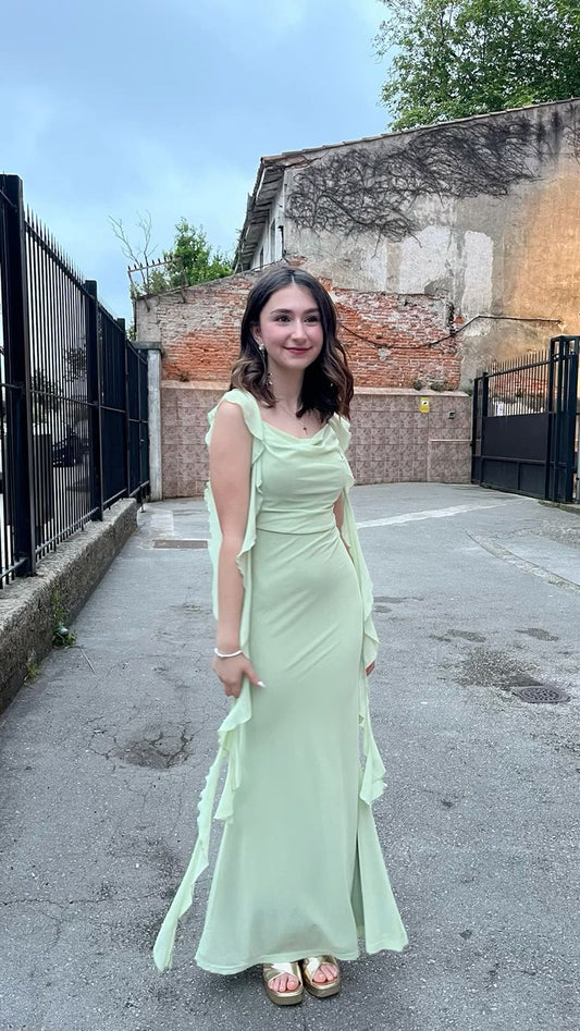 Elegant Green Mermaid Ribbon Chiffon Long Prom Dress Evening Dress Bridesmaid Dress cc5164