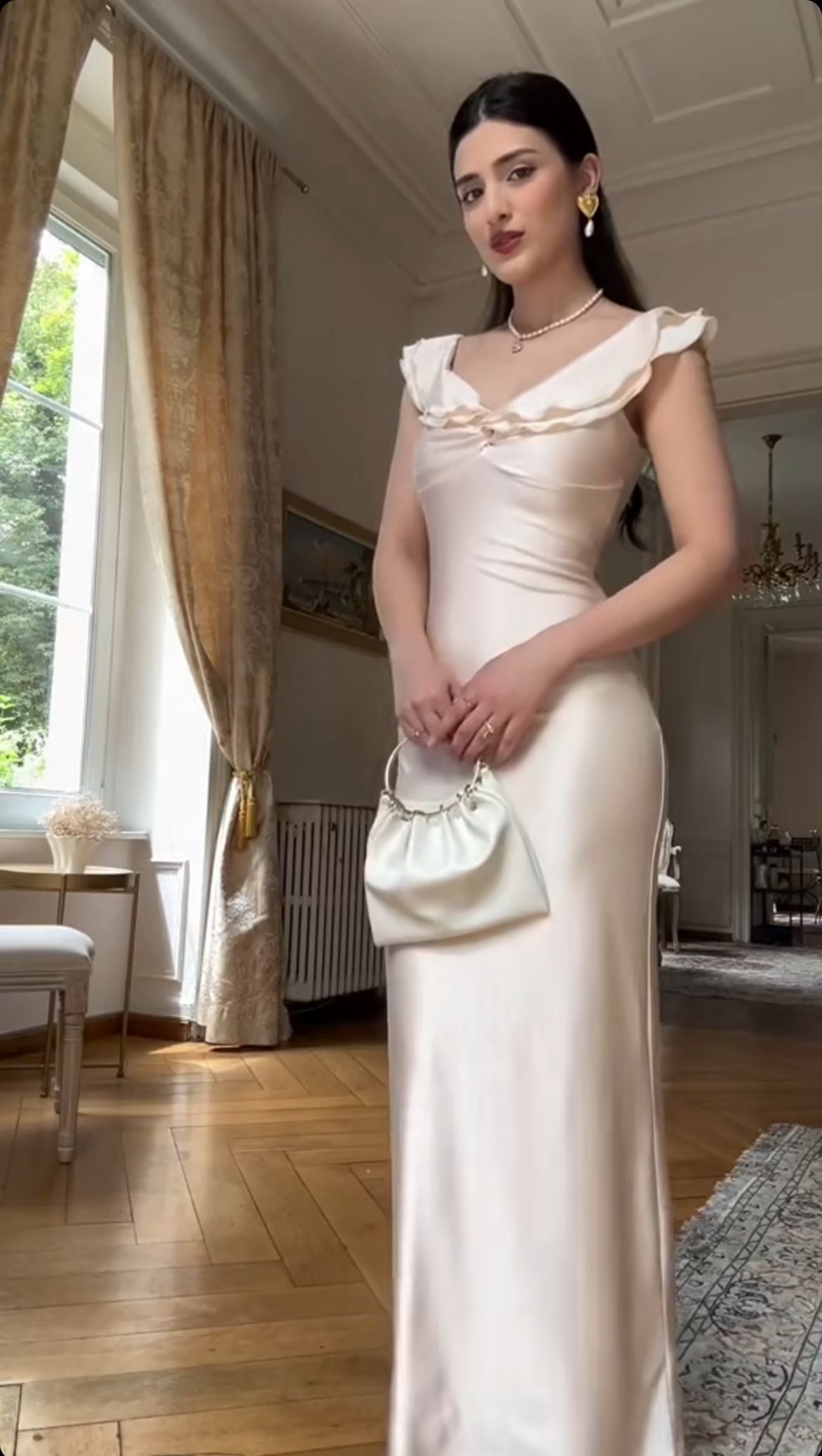 Elegant Cream Apricot Mermaid V-Neck Ruffled Satin Long Prom Dress Evening Dress Bridesmaid Dress cc5168