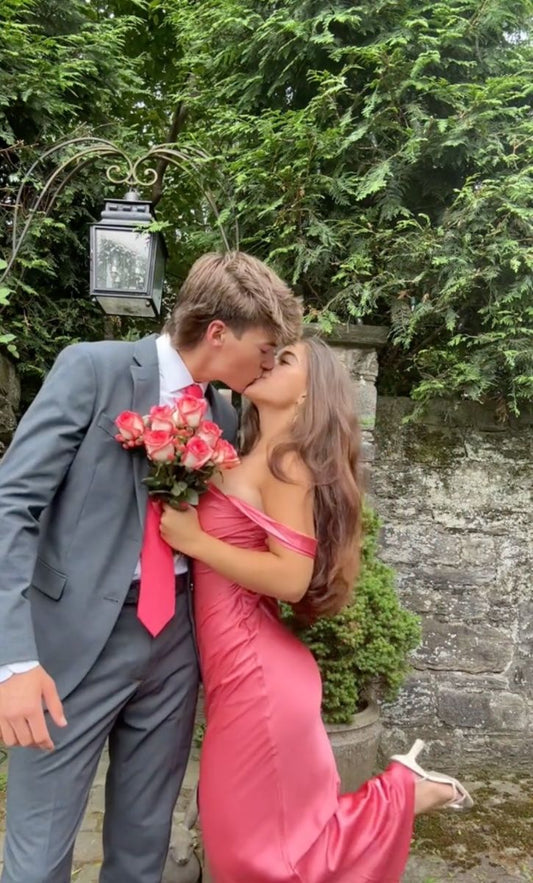 Sweet Pink Slim-Fit Off-the-Shoulder Satin Long Prom Dress Evening Dress Bridesmaid Dress cc5169