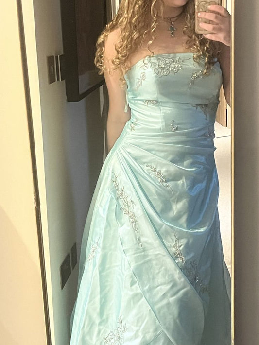 Vintage Mint Green A-Line Strapless Embroidered Satin Long Prom Dress Evening Dress cc5170