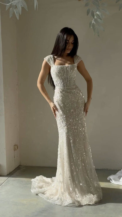 Elegant White Mermaid Square Neck Sequin Tulle Train Long Prom Dress Evening Dress cc5171