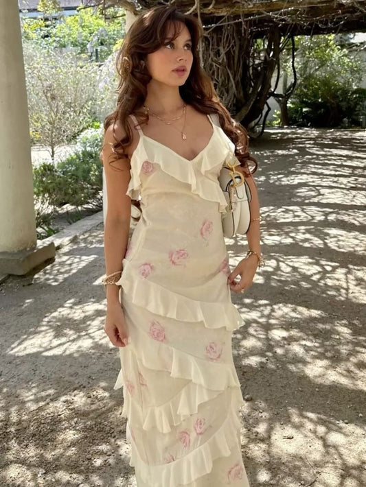 Vintage Cream Apricot Spaghetti Strap V-Neck Layered Ruffled Chiffon Long Prom Dress Evening Dress cc5172