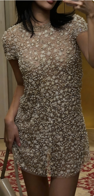 Elegant Round Neck Short Sleeve Pearl Diamond Slim Birthday Party Homecoming Dress cc4475