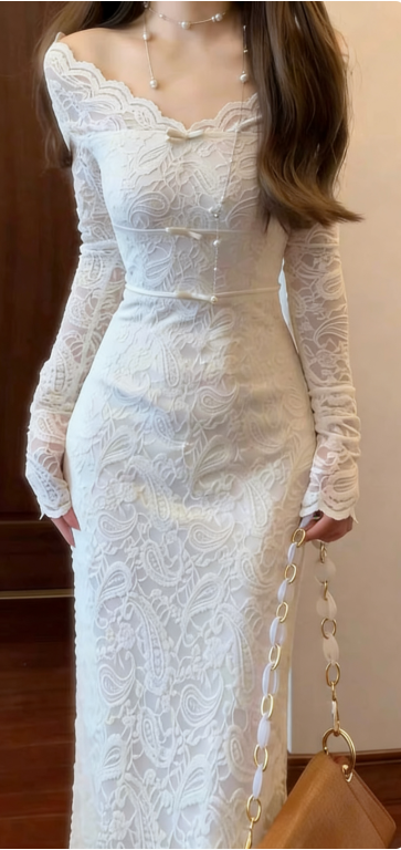 Elegant White Slim-Fit Long-Sleeve Lace Long Prom Dress Evening Dress cc5176