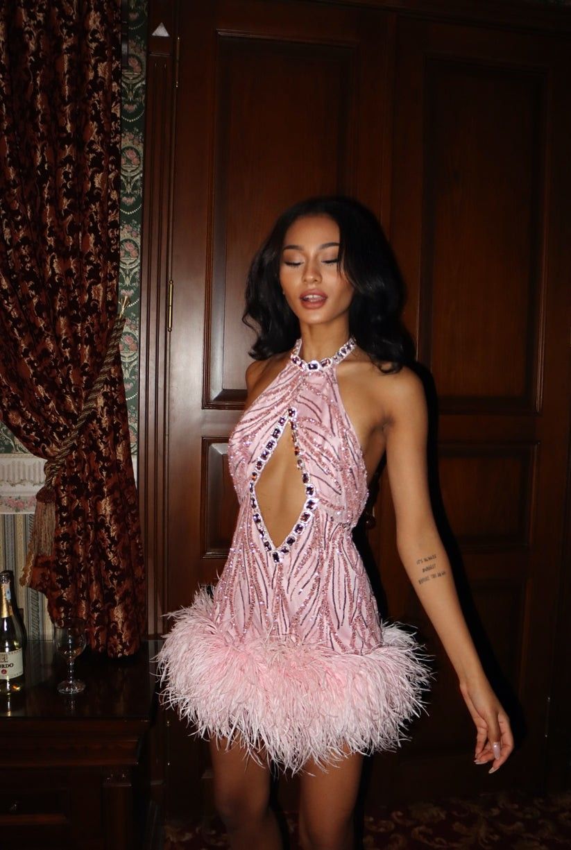 Gorgeous Pink Halterneck Sequined Feather Embellishment Slim-fit Birthday Party Homecoming Dress cc4478