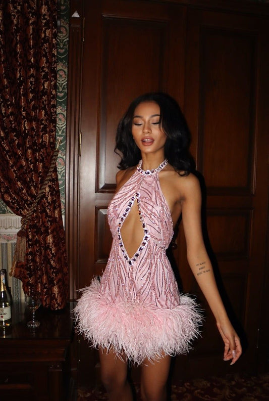 Gorgeous Pink Halterneck Sequined Feather Embellishment Slim-fit Birthday Party Homecoming Dress cc4478