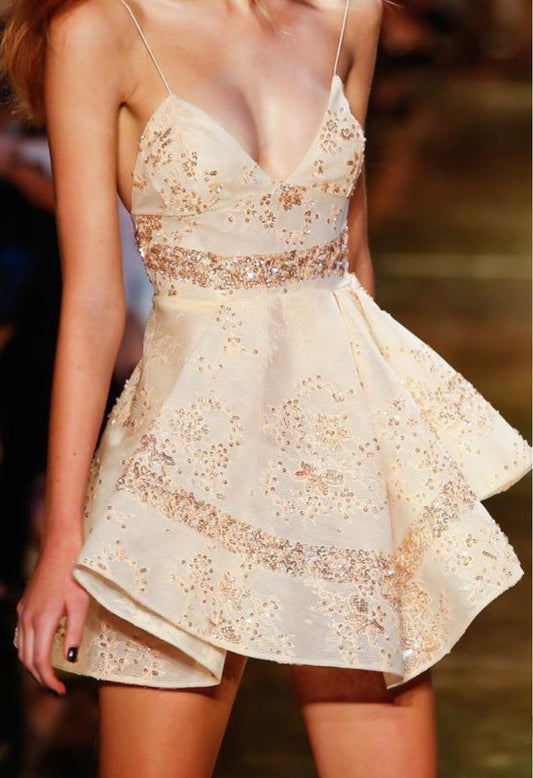 Sweet Ivory And Gold Sequined Deep V-neck A-line 19th Birthday Homecoming Dress cc4479