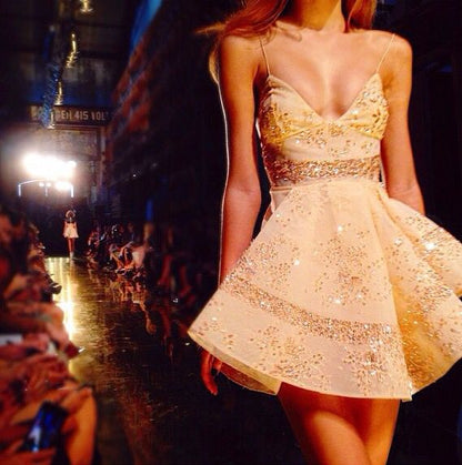 Sweet Ivory And Gold Sequined Deep V-neck A-line 19th Birthday Homecoming Dress cc4479