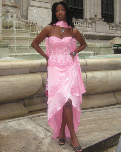 Retro Pink High Slit Irregular Lace Satin Long Prom Dress cc4748