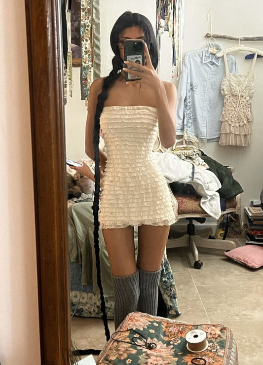 Sweet White Tube Top Pleated Layered Slim 17th Birthday Homecoming Dress cc4481