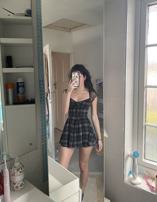 Retro Black Plaid Small Flying Sleeve Waist A-line 17th Birthday Homecoming Dress cc4484