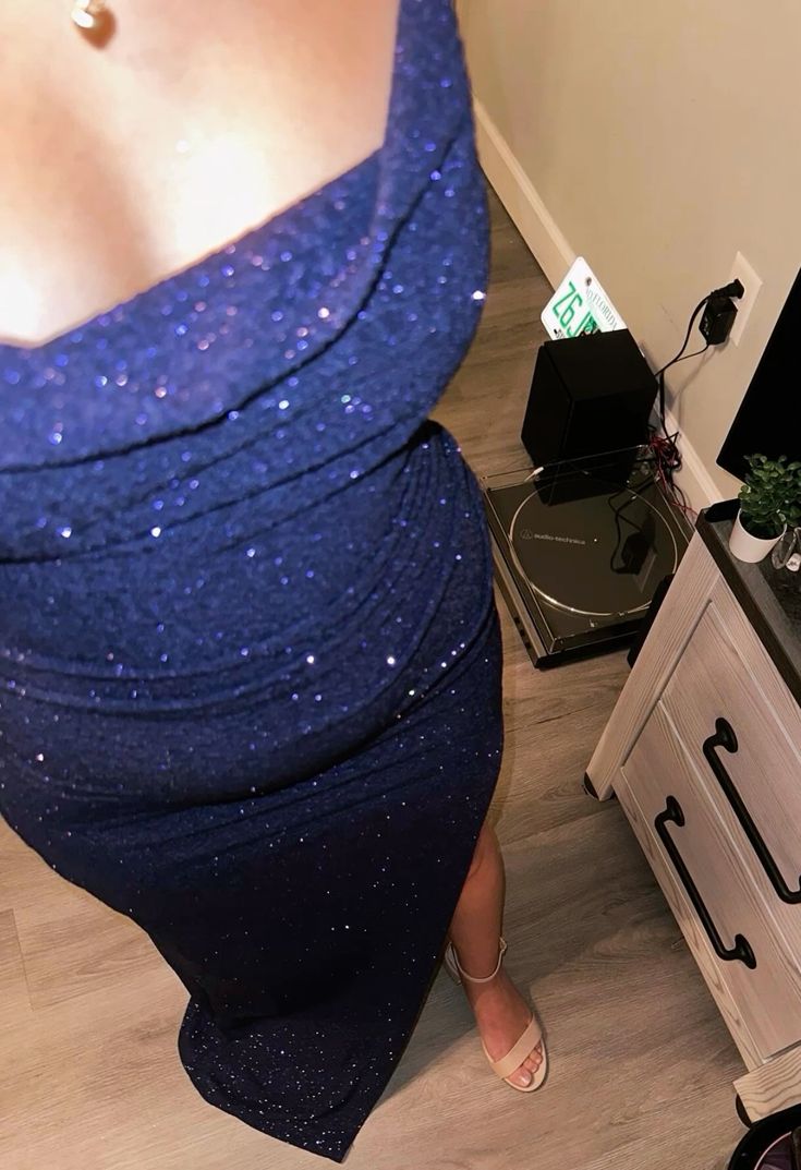 Glamorous Navy Blue Slim-Fit High-Slit Sequin Long Prom Dress Evening Dress Bridesmaid Dress cc5187