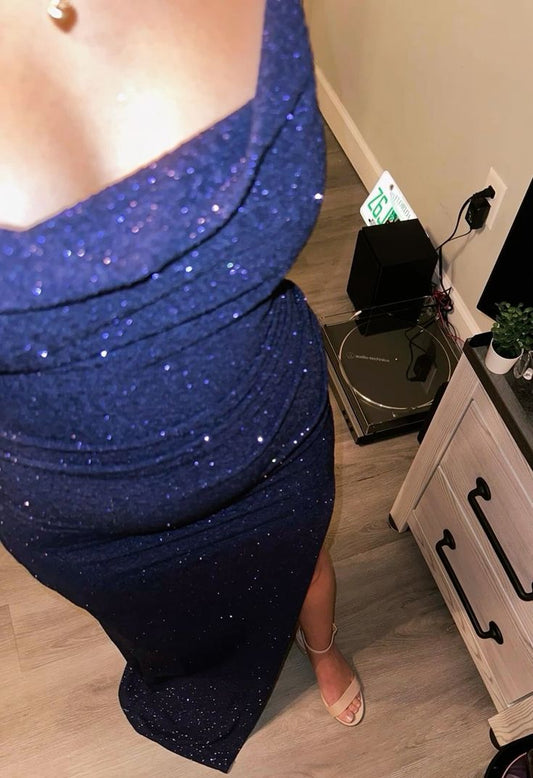 Glamorous Navy Blue Slim-Fit High-Slit Sequin Long Prom Dress Evening Dress Bridesmaid Dress cc5187