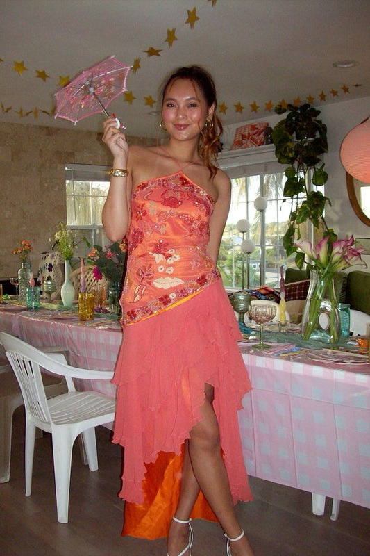 Retro Orange Pink Irregular Halter Neck Sequin Chiffon Prom Dress cc4749