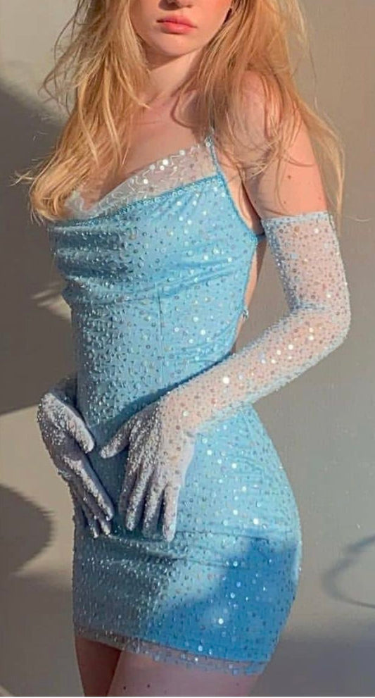 Sweet Light Blue Sling Neckline Suspenders Sequined Slim Birthday Dress Homecoming Dress cc4049