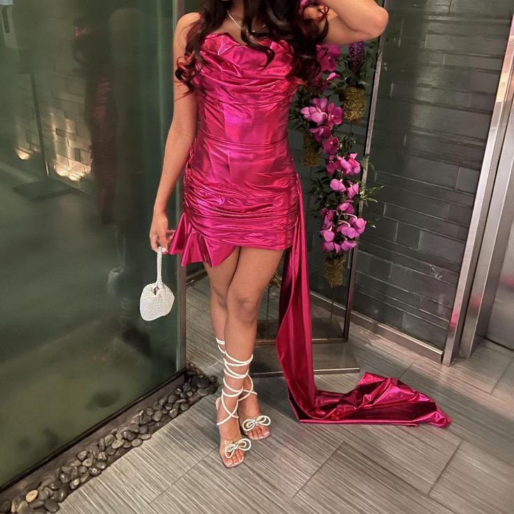 Gorgeous Rose Red Tube Top Pleated Irregular Tail Slim Shiny Satin Birthday Party Homecoming Dress cc4494