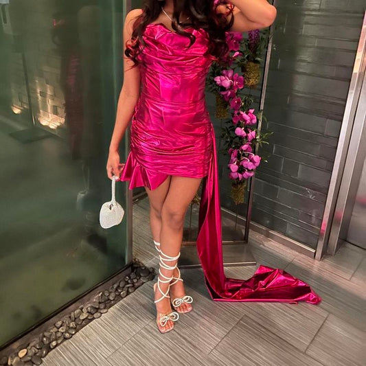 Gorgeous Rose Red Tube Top Pleated Irregular Tail Slim Shiny Satin Birthday Party Homecoming Dress cc4494