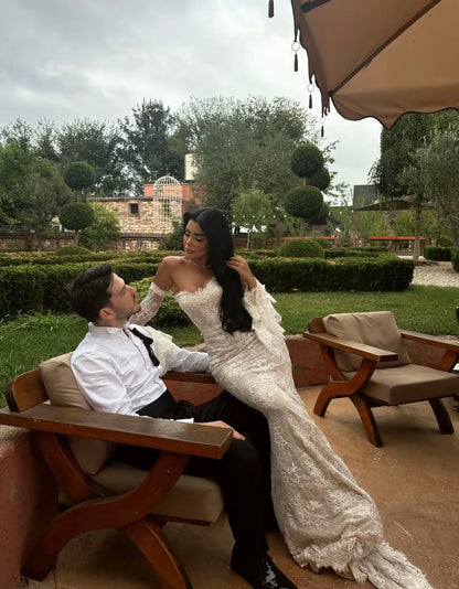 Luxurious Ivory Mermaid Sweetheart Neck Lace Train Wedding Dress cc5195