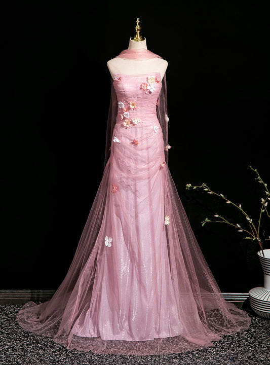 Elegant Light Pink A-Line Strapless 3D Floral Tulle Long Prom Dress Evening Dress cc5196