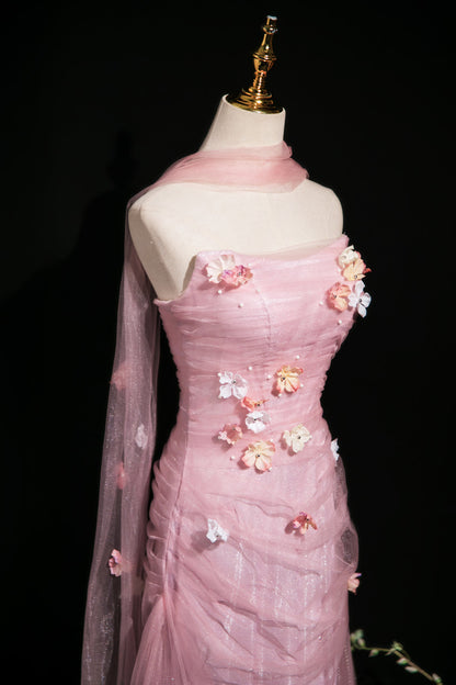 Elegant Light Pink A-Line Strapless 3D Floral Tulle Long Prom Dress Evening Dress cc5196